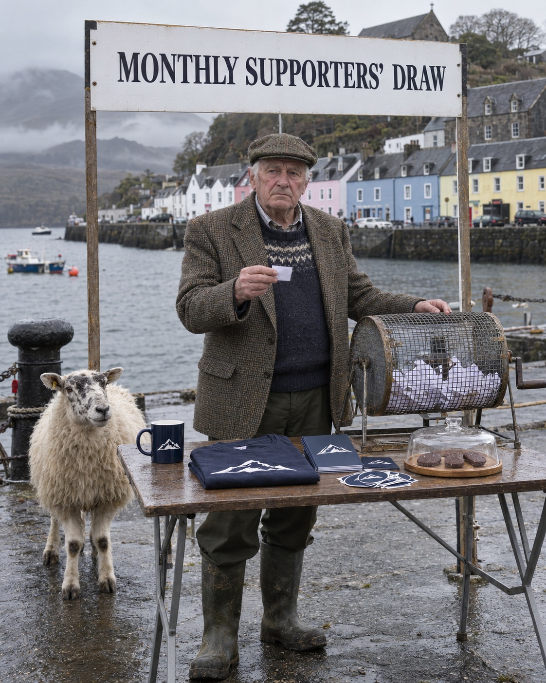 Donnie conducting the monthly supporters draw beside Portree harbour